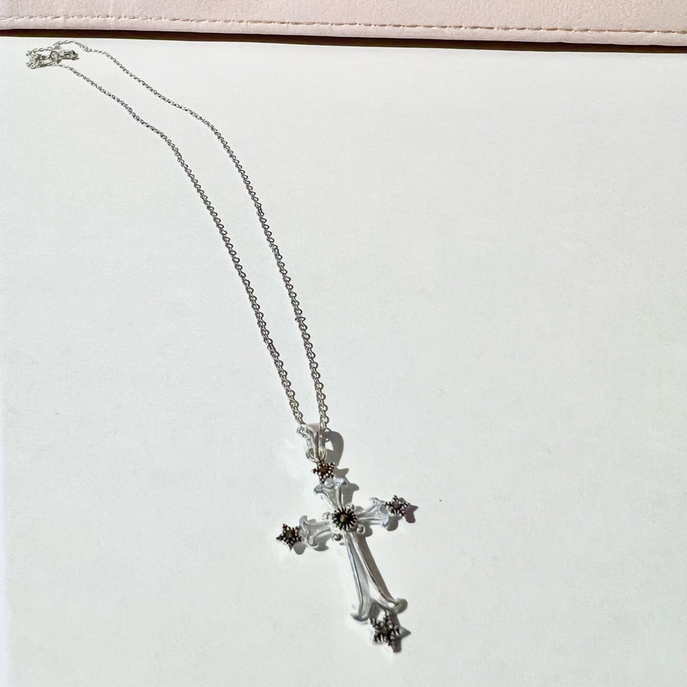 Black & Silver Cross Necklace with Stars